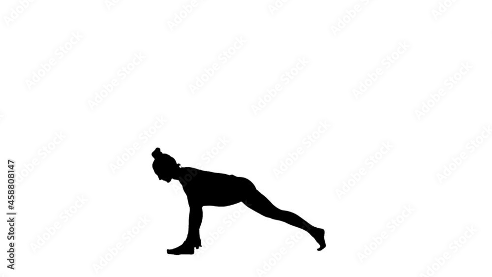 Black silhouette of young woman in sportswear doing yoga, stretching the body. Workout, fitness for women, aerobics. Side view full length on white background. Slow motion ready 59.94fps. Black silhouette of young woman in sportswear doing yoga, stretching the body. Workout, fitness for women, aerobics. Side view full length on white background. Slow motion ready 59.94fps.