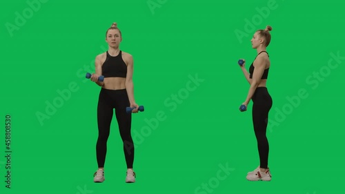 Young woman in sportswear does exercises with dumbbells. Hand workout, fitness for women. 2 in 1 Collage Front and side view full length on green screen background. Slow motion ready 59.94fps. photo