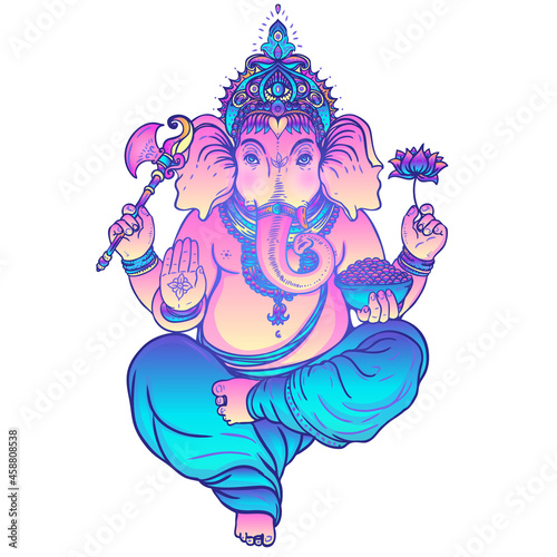 Beautiful hand-drawn tribal style elephant. Colorful design with boho pattern, psychedelic ornaments. Ethnic poster, spiritual art, yoga. Indian god Ganesha, Indian symbol. T-shirt print.