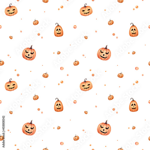 Halloween watercolor saemless pattern. Hand drawn endless texture. Cute orange pumpkins and another elements. Nice festive wallpaper.