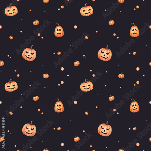 Halloween watercolor saemless pattern. Hand drawn endless texture. Cute orange pumpkins and another elements on a dark background. Nice festive wallpaper.