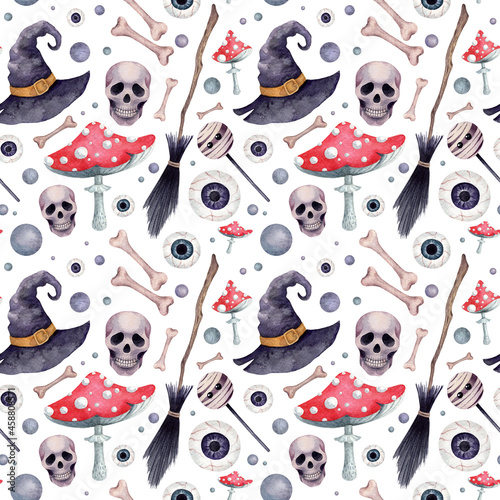 Nice festive ornament. Helloween decorations, witch hat, broom,  skull, lollipops, eyes, bones, fly agarics on white background. Hellowen seamless pattern. Watercolor hand drawn endless texture.