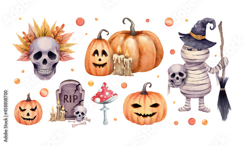 Watercolor halloween set. Hand drawn festive elements. Mummy, ghosts, halloween pumpkins, skull, candles, bonbons, autumn leaves on white background isolated.