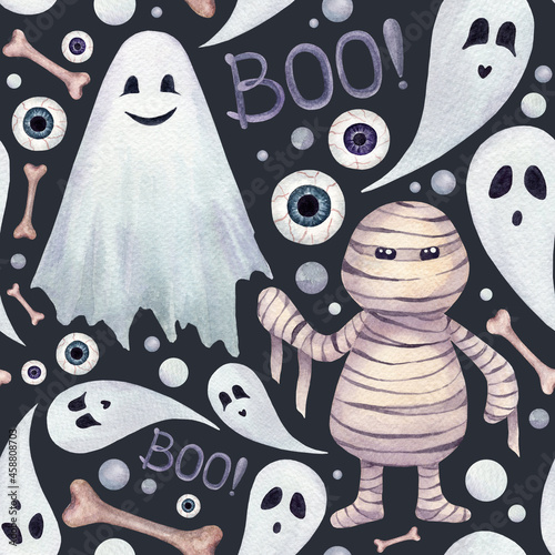 Watercolor seamless pattern with cute ghosts, mummy, bones and eyes. Endless texture on white background isolated. Happy Helloween!