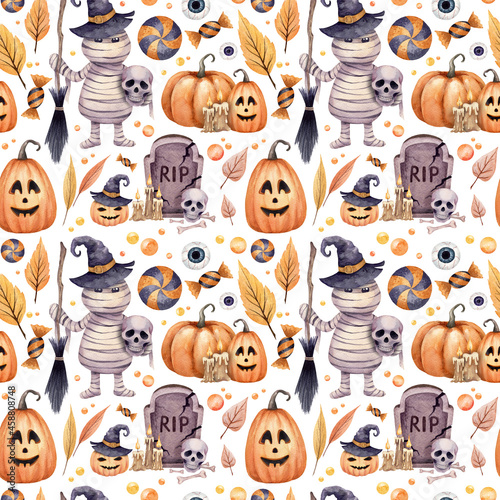Hellowen seamless pattern. Watercolor hand drawn endless texture. Nice festive ornament. Helloween decorations, pumpkins, mummy, skull, head stone, bones, broom, autumn leaves on white background.