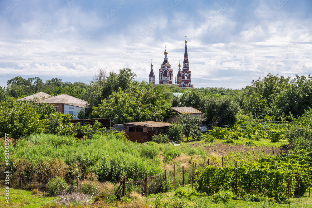 View of the old Don village Manychskaya and the Church of the Holy Great Martyr Paraskeva. Rostov region, Russia.