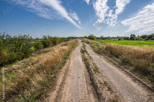 An uneven dirt road along a low dam among fields and meadows under a blue sky with white clouds. Manychskaya village  Rostov region  Russia
