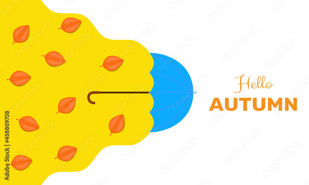 Hello autumn background. Creative fall design with realistic orange leaves and blue umbrella, lettering. Vector illustration half yellow and half white. For banner, web, poster, flyer, greeting card