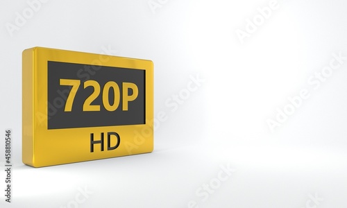 720p HD black and gold sign. Isometric tag, label, button or icon on diagonal position over white background. High definition or resolution concept