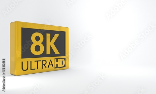 8k ULTRA HD black and gold sign. Isometric tag, label, button or icon on diagonal position over white background. High definition or resolution concept