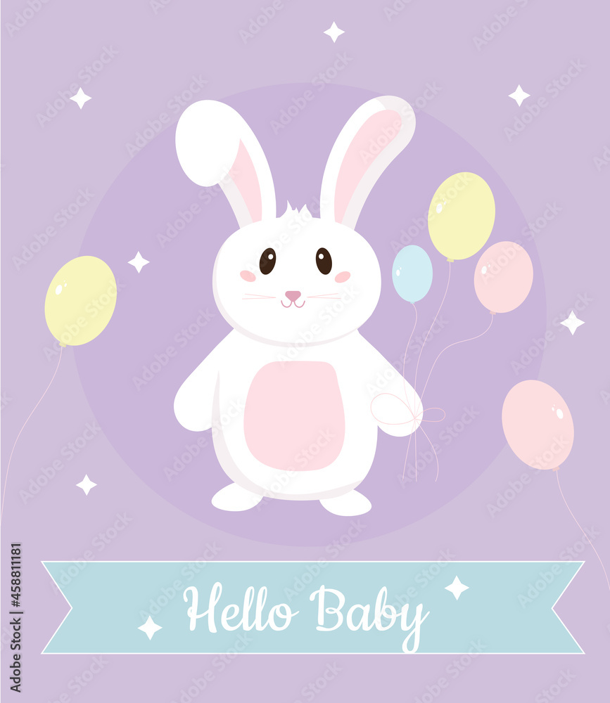 Fototapeta premium Cute Card Hello Baby. Newborn congratulation. Cartoon cute rabbit with balloons. Baby shower