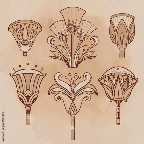 Egyptian floral design element set over beige grunge background. Lotus flower, vector sign, symbol, logo illustration. Spirituality, occultism, chemistry, flower tattoo.