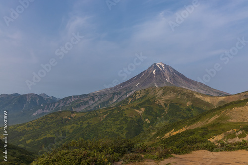 Mutnovsky volcano Kamchatka, green volcanic landscape.