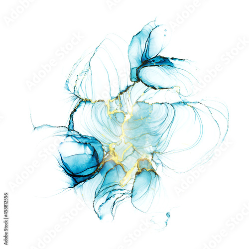 Pastel cyan mint liquid marble watercolor background with gold lines and brush stains. Teal turquoise marbled alcohol ink drawing effect. Vector illustration backdrop, watercolour wedding invitation