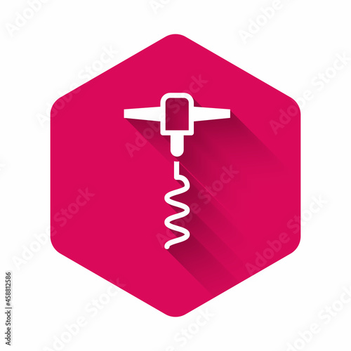 White Wine corkscrew icon isolated with long shadow background. Pink hexagon button. Vector