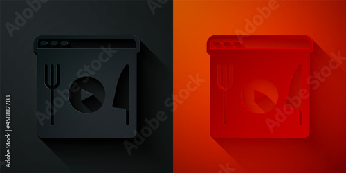 Paper cut Cooking live streaming icon isolated on black and red background. Paper art style. Vector