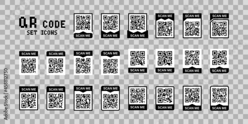 QR code, scan me set icons for mobile device design. Vector isolated sign