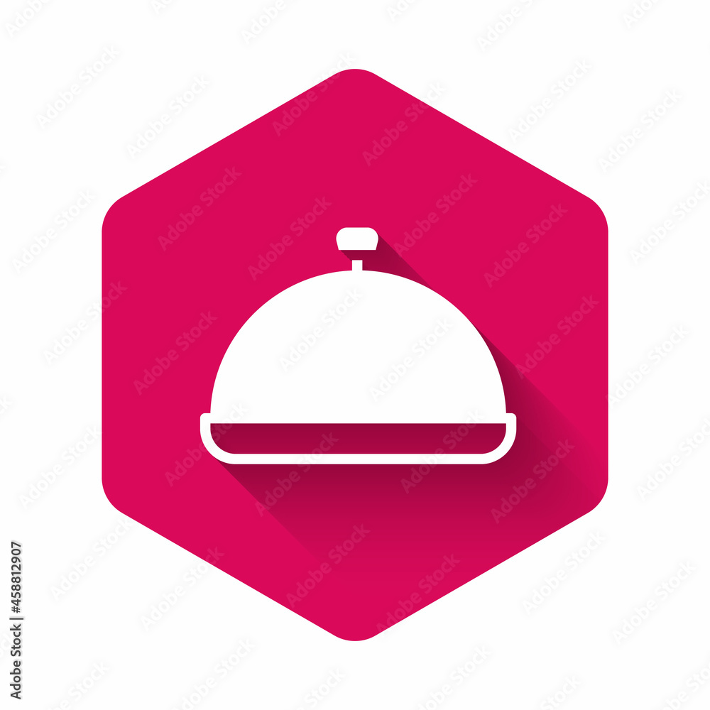 White Covered with a tray of food icon isolated with long shadow background. Tray and lid sign. Restaurant cloche with lid. Pink hexagon button. Vector White Covered with a tray of food icon isolated with long shadow background. Tray and lid sign. Restaurant cloche with lid. Pink hexagon button. Vector