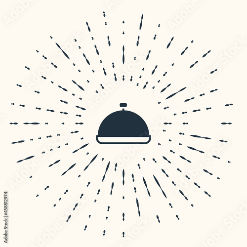 Grey Covered with a tray of food icon isolated on beige background. Tray and lid sign. Restaurant cloche with lid. Abstract circle random dots. Vector