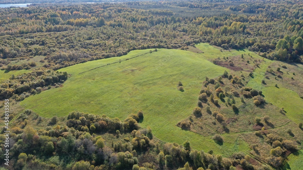 Fields in the middle of the forest. Hayfields. Autumn landscape with green fields. Top view and aerial photography of the fields.