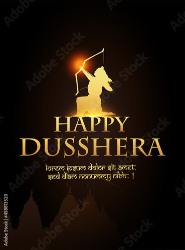 Greeting card of happy dusshera with bow and illustration of Lord Rama killing Ravana in Navratri Happy Dusshera festival of India(happy Vijayadashami). Vector illustration.