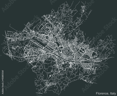 Detailed negative navigation urban street roads map on dark gray background of the Italian regional capital city of Florence, Italy