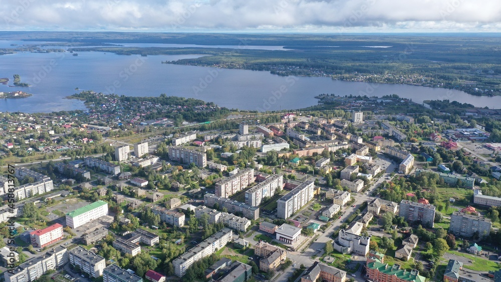View of the city of Kondopoga. Houses. Lake.