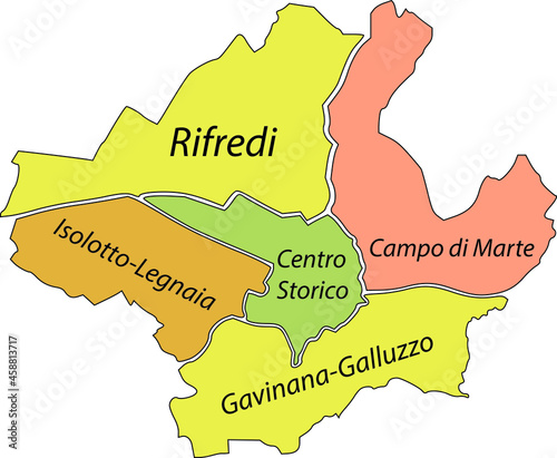 Simple pastel vector map with black borders and name tags of urban city districts of Florence, Italy