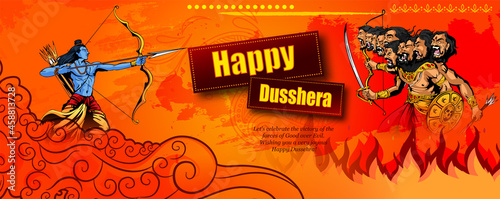 Greeting card of happy dusshera with bow and illustration of Lord Rama killing Ravana in Navratri Happy Dusshera festival of India(happy Vijayadashami). Vector illustration.