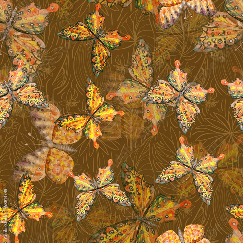 seamless pattern of beautiful yellow butterflies illustration on brown background