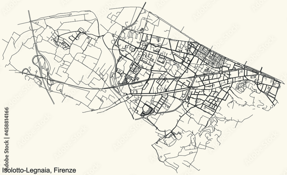 Detailed navigation urban street roads map on vintage beige background of the quarter Quartiere 4 Isolotto-Legnaia district of the Italian regional capital city of Florence, Italy