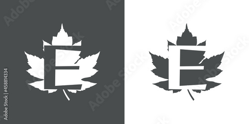 Logotipo letra inicial E en hoja de arce en fondo gris y fondo blanco