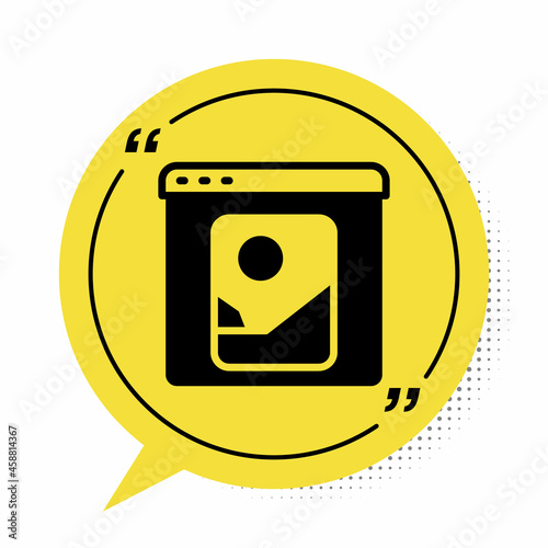 Black Photo retouching icon isolated on white background. Photographer, photography, retouch icon. Yellow speech bubble symbol. Vector