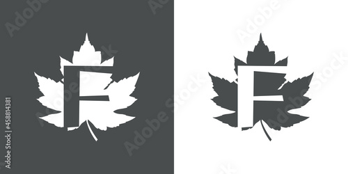 Logotipo letra inicial F en hoja de arce en fondo gris y fondo blanco