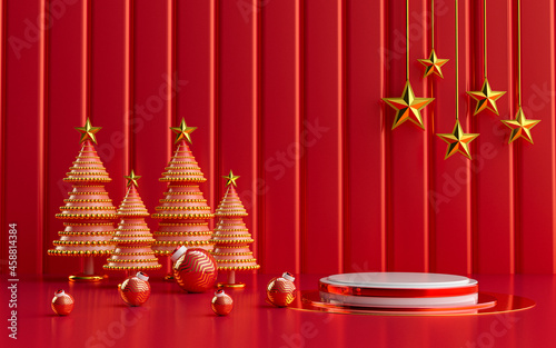 winter merry Christmas luxury red and gold podium display for product presentation. 3d rendering