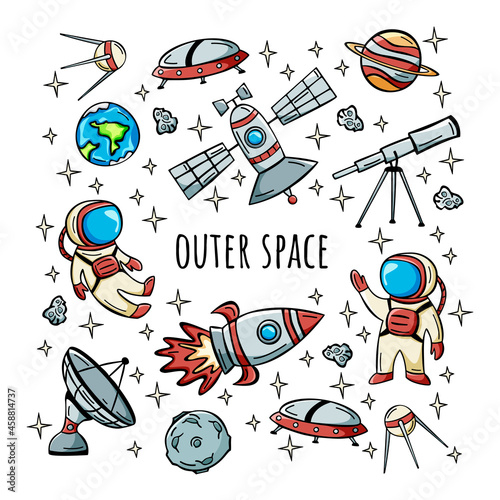 Hand drawn icon set with astronaut, satellite, rocket and planets in doodle style. Collection of hand drawn doodles outer space.