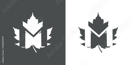 Logotipo letra inicial M en hoja de arce en fondo gris y fondo blanco