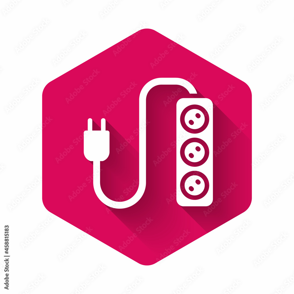 White Electric extension cord icon isolated with long shadow background. Power plug socket. Pink hexagon button. Vector White Electric extension cord icon isolated with long shadow background. Power plug socket. Pink hexagon button. Vector