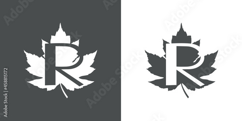 Logotipo letra inicial R en hoja de arce en fondo gris y fondo blanco
