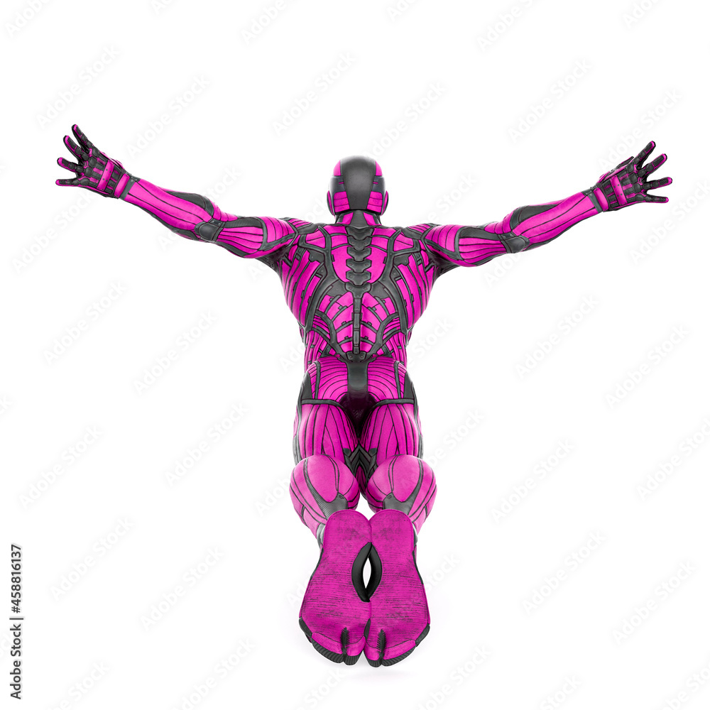 super hero in a exosuit is jumping rear view super hero in a exosuit is jumping rear view