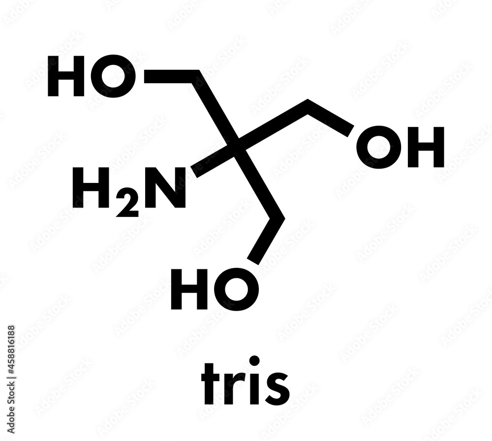 Tris buffering agent molecule. Also known as tromethamine. Skeletal formula. Tris buffering agent molecule. Also known as tromethamine. Skeletal formula.