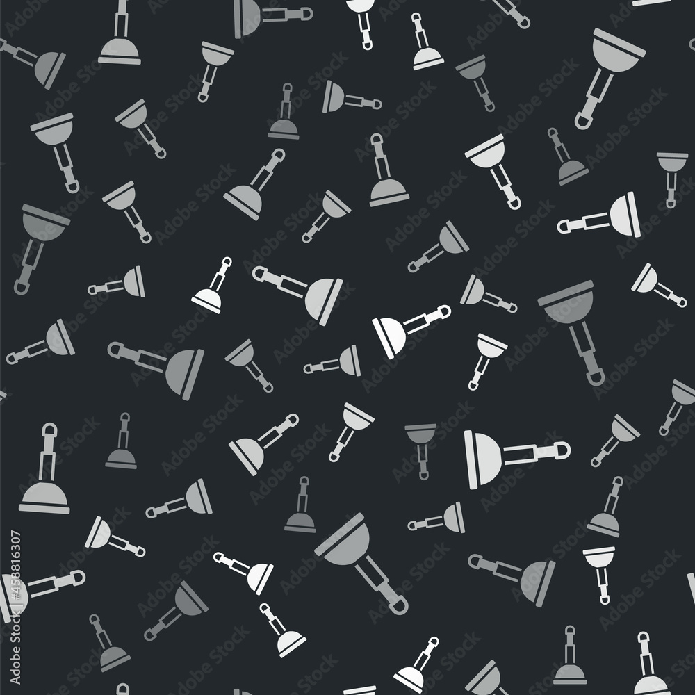 Grey Rubber plunger with wooden handle for pipe cleaning icon isolated seamless pattern on black background. Toilet plunger. Vector Grey Rubber plunger with wooden handle for pipe cleaning icon isolated seamless pattern on black background. Toilet plunger. Vector