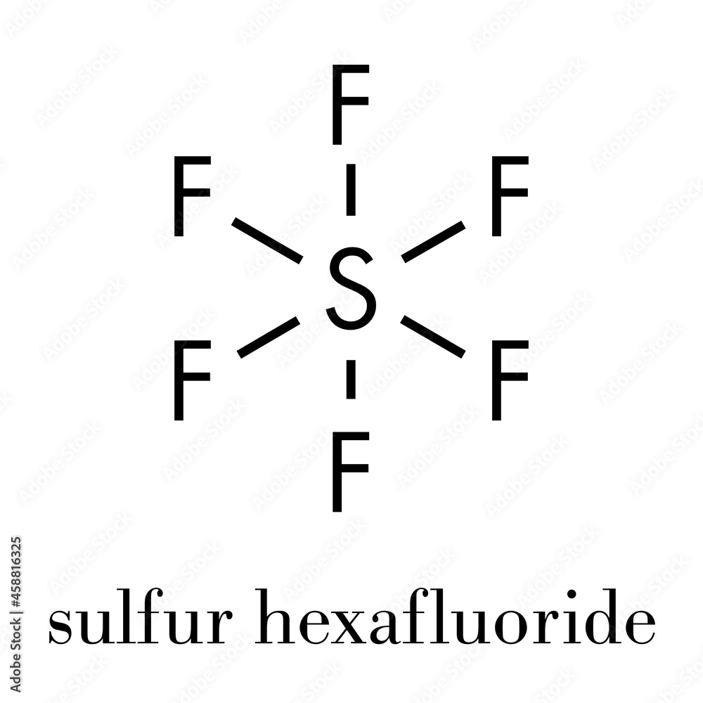 sulfur hexafluoride gas insulator molecule. Microbubbles are used as contrast agent for ultrasound imaging. Potent greenhouse gas. Skeletal formula. sulfur hexafluoride gas insulator molecule. Microbubbles are used as contrast agent for ultrasound imaging. Potent greenhouse gas. Skeletal formula.