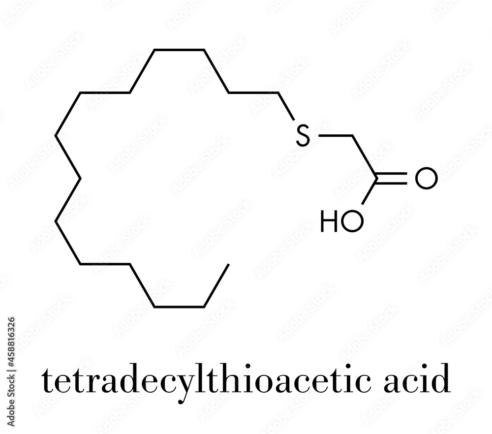 Tetradecylthioacetic acid (TTA) synthetic fatty acid molecule. Skeletal formula. Tetradecylthioacetic acid (TTA) synthetic fatty acid molecule. Skeletal formula.
