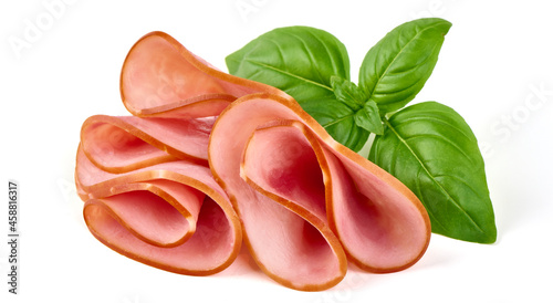 Cooked ham slices, isolated on white background.
