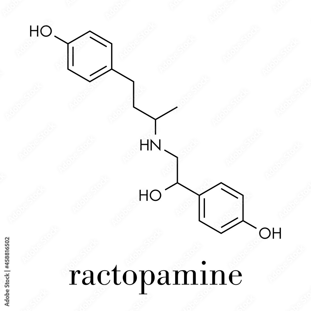 Ractopamine feed additive molecule. Skeletal formula. Ractopamine feed additive molecule. Skeletal formula.