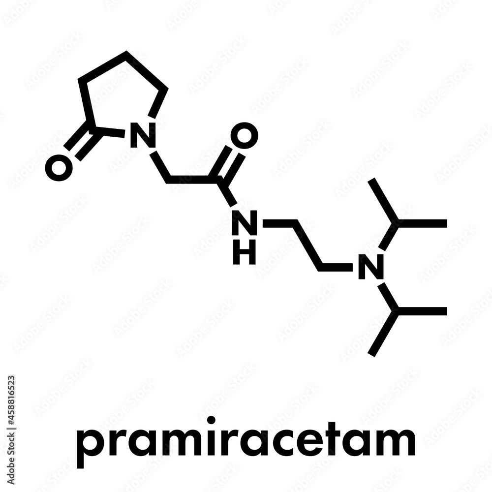Pramiracetam drug molecule. Skeletal formula. Pramiracetam drug molecule. Skeletal formula.