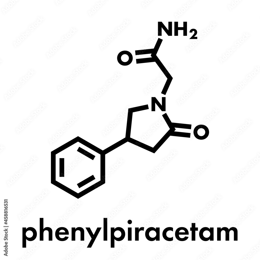 Phenylpiracetam drug molecule. Skeletal formula. Phenylpiracetam drug molecule. Skeletal formula.