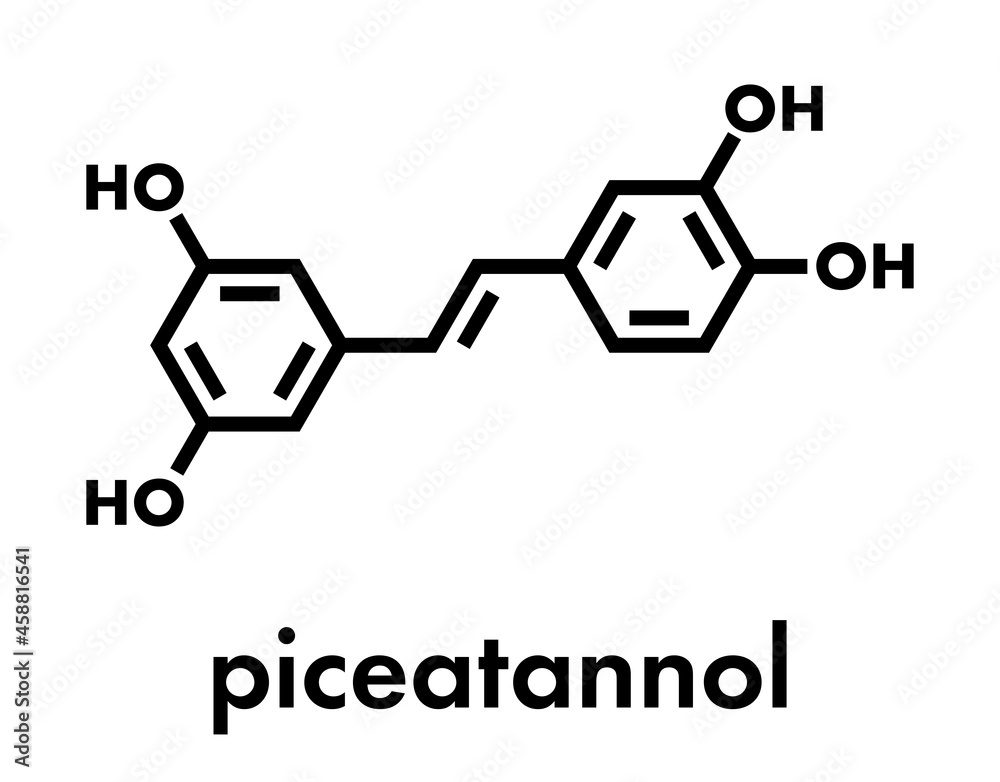 Piceatannol herbal stilbenoid molecule. Skeletal formula. Piceatannol herbal stilbenoid molecule. Skeletal formula.