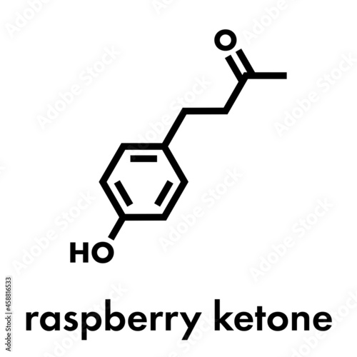 Raspberry ketone molecule. Primary aroma compound of raspberries. Used as food additive and in nutritional supplements. Skeletal formula.